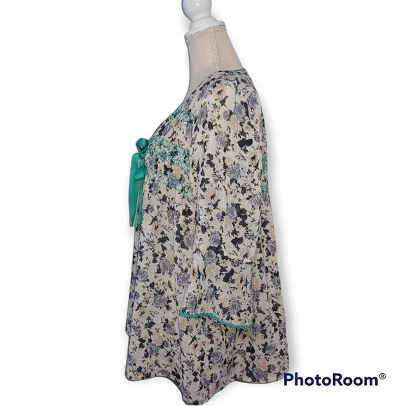 Ivy Jane Cream green floral embroidered ribbon bohemian peasant tunic top - Picture 5 of 6